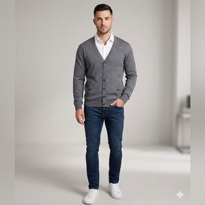 NWT Murano Men’s Large Italian Wool Knit Modern Military Cardigan Sweater Gray L